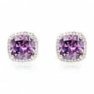 Rhodium Plated with Purple Square Cubic Zirconia Stub Earrings