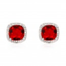 Rhodium Plated with Red Square Cubic Zirconia Stub Earrings