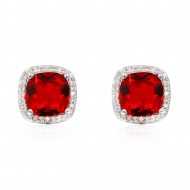 Rhodium Plated with Red Square Cubic Zirconia Stub Earrings