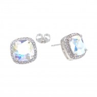 Rhodium Plated with AB Square Cubic Zirconia Stub Earrings