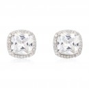 Rhodium Plated with Clear Square Cubic Zirconia Stub Earrings