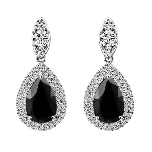 Rhodium Plated With Black Teal Dangle and Drop Cubic Zirconia Earrings