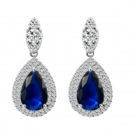 Rhodium Plated With Sapphire Blue and Clear Teal Drop Cubic Zirconia Earrings