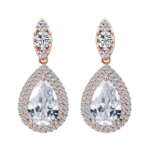Rose Gold Plated With Clear Teal Drop Cubic Zirconia Earrings