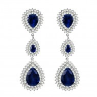 Rhodium Plated with Sapphire Blue Cubic Zirconia Dangle and Drop Earrings