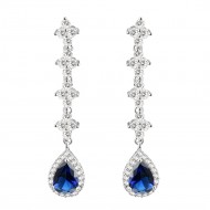 Rhodium Plated With Sapphire Blue Stone Cubic Zirconia Bridal Earrings