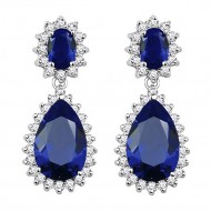 Rhodium Plated Tear Drop Earrings with Blue CZ