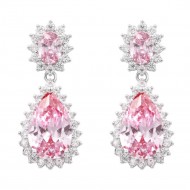 Rhodium Plated Tear Drop Earrings with Pink CZ