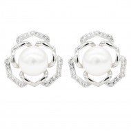 Rhodium Plated With Pearl CZ Earrings