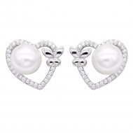Rhodium Plated With Pearl CZ Earrings