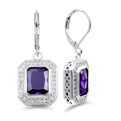 Rhodium Plated with Purple CZ Stone Earrings