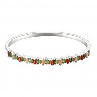 Rhodium Plated With Multi Color 4mm Cubic Zirconia Hinged Bangle Bracelet Single Row Prong 7"