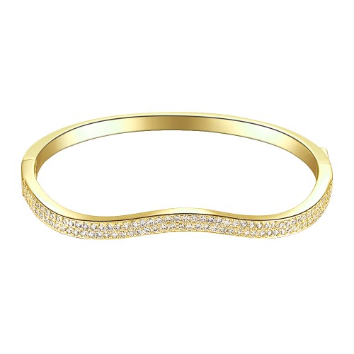 Gold Plated Paved with Hinged Bangle Bracelet Paved with Two Rows of Cubic Zirconia 7 Inches for Women