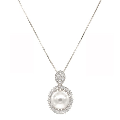 Rhodium Plated Necklaces with Oval Pearl and Cubic Zirconia(Necklace Only)