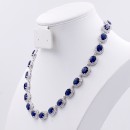 Rhodium Plated With Blue Sapphire Cubic Zirconia Halo Bridal &amp; Proms Necklaces