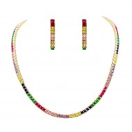 Gold Plated With Multi Color Prnicess Cut 4MM Tennis Necklaces 16"+2' Lengh