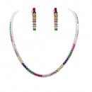 Rhodium Plated With Multi Color Prnicess Cut 4MM Tennis Necklaces 16"+3' Lengh