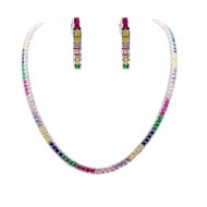 Rhodium Plated With Multi Color Prnicess Cut 4MM Tennis Necklaces 16"+3' Lengh