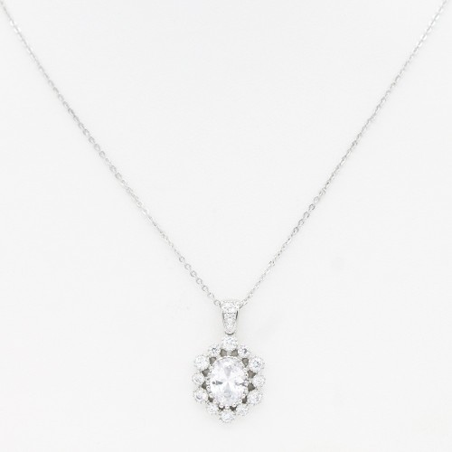 Rhodium Plated With CZ Pendant Necklace. 16"+2"