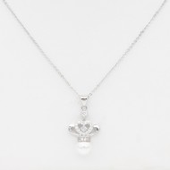 Rhodium Plated  With Pearl. CZ Pendant Necklace. 16"+2"