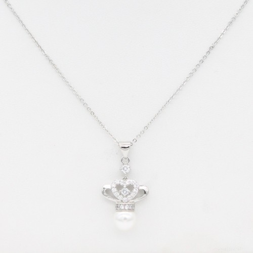Rhodium Plated  With Pearl. CZ Pendant Necklace. 16"+2"