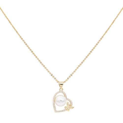 Gold Plated With Pearl CZ Pendant Necklace. 16"+2"