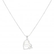 Rhodium Plated With Pearl CZ Pendant Necklace. 16"+2"