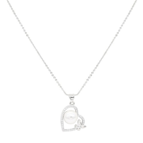 Rhodium Plated With Pearl CZ Pendant Necklace. 16"+2"