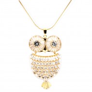 Gold Plated With Clear CZ Cubic Zirconia Owl Pendant Fashion Statement Necklace