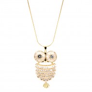 Gold Plated With Clear CZ Cubic Zirconia Owl Pendant Fashion Statement Necklace