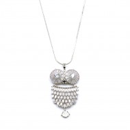 Rhodium Plated With Clear CZ Cubic Zirconia Owl Pendant Fashion Statement Necklace