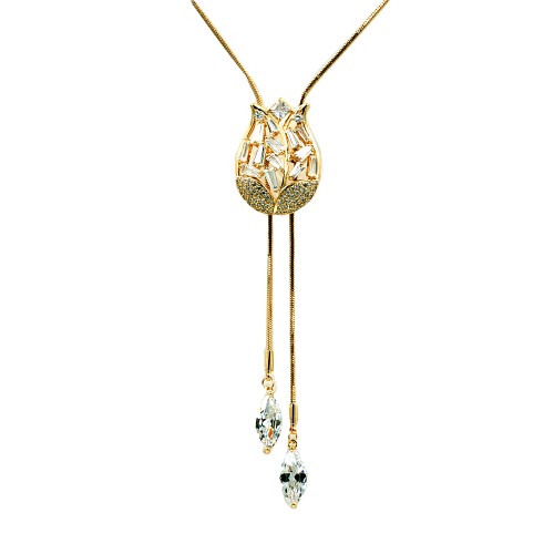 Gold Plated With CZ Cubic Zirconia Tulip Flower Lariat Necklace