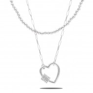 Rhodium Plated Double Layers Heart Necklace