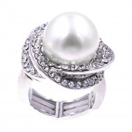 Rhodium Plated Rhinstone Paved with Pearl Stretch Ring