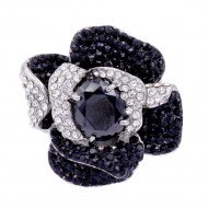 Rhodium Plated With Black Stone Mix Rose Stretch Ring