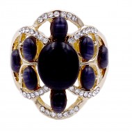 Gold Plated with Black Crystal Flower Adjustable Stretch Ring