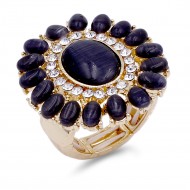 Gold Plated with Black Crystal Flower Stretch Ring
