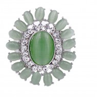 Rhodium Plated Green Crystal Flower Stretch Ring