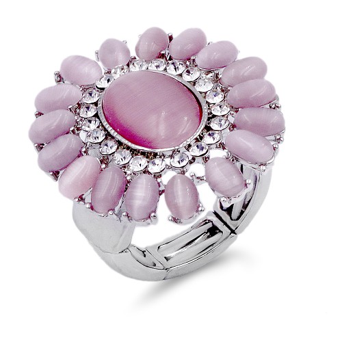 Rhodium Plated Pink Crystal Flower Stretch Ring