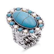 Anti Silver Plated With White and Turquoise Stretch Ring