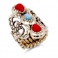 Anti gold Plated With Turquoise and Red Stone Stretch Ring