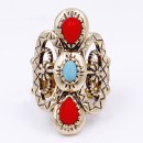 Anti gold Plated With Turquoise and Red Stone Stretch Ring