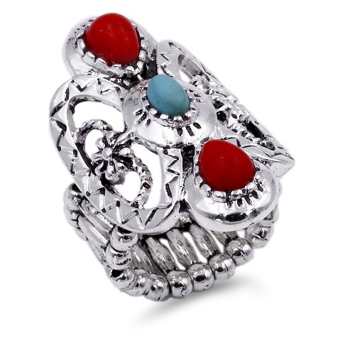 Anti Silver Plated With Turquoise and Red Stone Stretch Ring