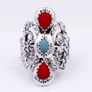 Anti Silver Plated With Turquoise and Red Stone Stretch Ring