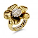 Burnished Silver Plated W/ Clear Crystal Flower Stretch Ring
