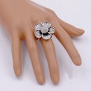 Antique Silver Plated With Clear Crystal Flower Stretch Ring