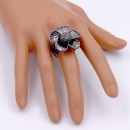 Gunmetal Plated With Clear Crystal Flower Stretch Ring