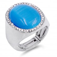 Rhodium Plated W.Clear Crystal / Blue Cat Eye Stretch Ring