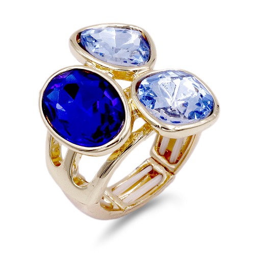 Gold Plated With 3 Blue Color Crystal Stretch Ring