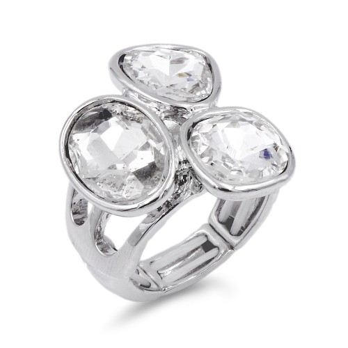 Rhodium Plated with 3 Clear Crystal Stretch Ring